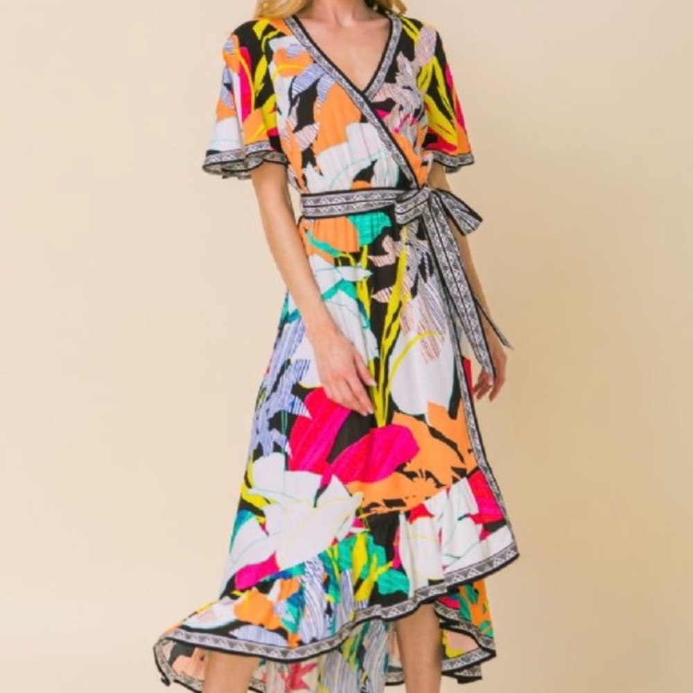 Flying Tomato The Low High Summer Sunshine V-Neck Tie Maxi Dress Flutter Sleeve